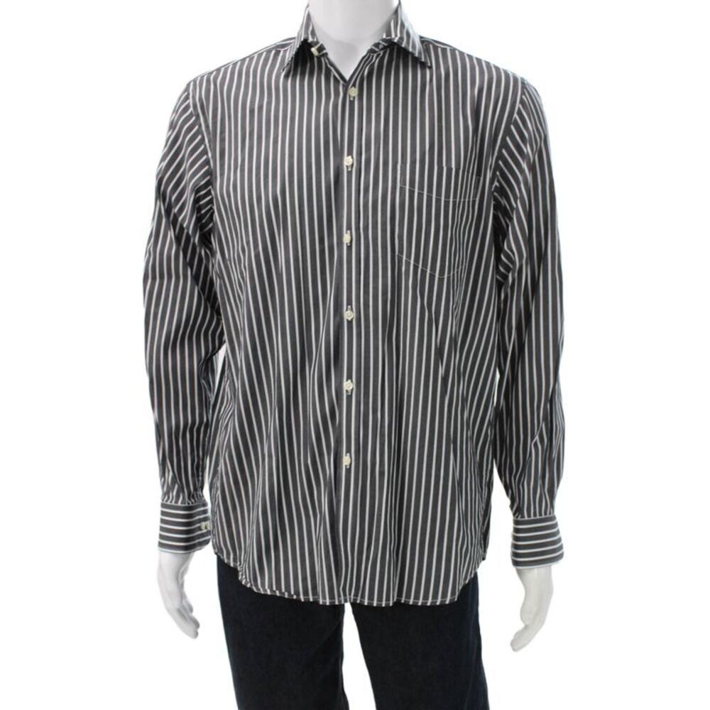 Ted Lapidus Mens Black Striped Cotton Button-Up Dress Shirt Long Sleeve Size 3